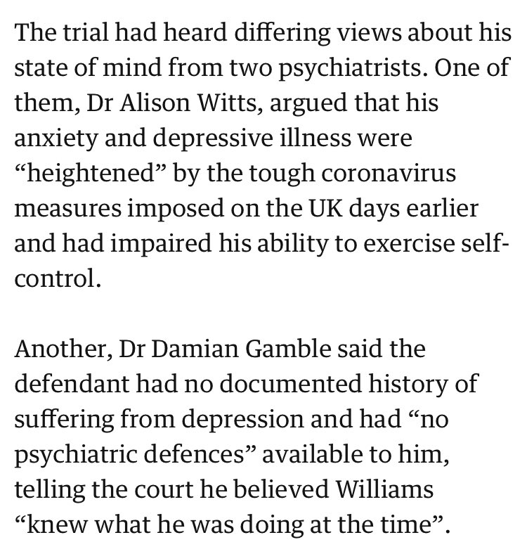 (First) add-on tweet: some reports mention anxiety & depressive illness as the recognised conditions.There is also mention of differing views from psychiatrists.That's normal in a diminished responsibility case- what we don't know is why the jury believed one over the other.