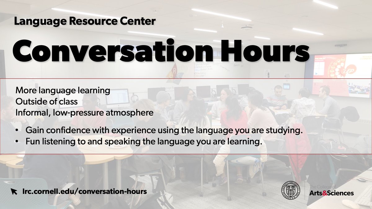CornellLRC's tweet photo. @CornellLRC #ConversationHours are back!
ASL, Russian, and Tamil on Tuesdays

Details at https://t.co/DSyd8cPWrQ

#ASL #Russian #Tamil

@CornellCAS @AfricanaCU @CornellNES @CornellROMS @EinaudiCenter @SAPCornell @seapcornell @CornellEurope @CUlanguagehouse https://t.co/hUtq80LUSa