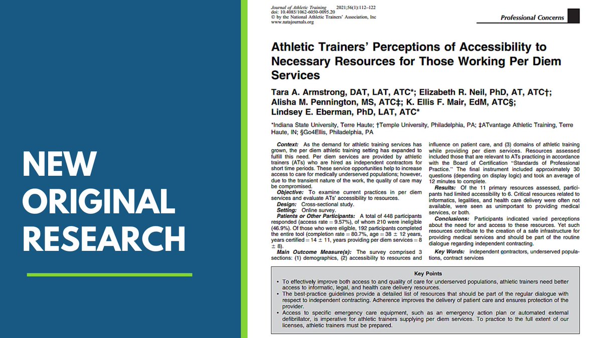 JAT_NATA's tweet photo. In the new issue from Dr. Tara Armstrong and colleagues:

Athletic Trainers' Perceptions of Accessibility to Necessary Resources for Those Working Per Diem Services

Link: https://t.co/ndzyvZuTbk https://t.co/mg9ILBY6zu