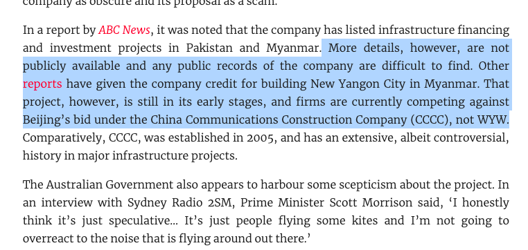 It's simply not public knowledge that the HK company is a representative of Beijing/China govt/Belt and Road. And the $39 bln proposal is on its surface wild.Don't take it from me, take it from two Aussie experts, including one from  @ASPI_org : even they call it "obscure"16/