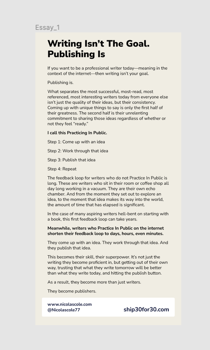 Step 1: Write Atomic EssayI really enjoy writing right inside the Figma template. It helps give me a good sense of exactly how much "real estate" I have/have left before my time us up and I'm out of space. Once finished, I export the image and send to my phone on Slack.