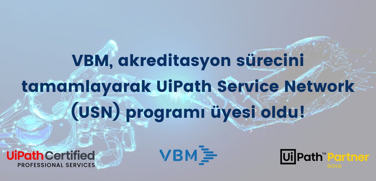 VeriBilgiMerkez's tweet photo. Sizin için harika haberlerimiz var!

Veri Bilgi Merkezi, akreditasyon sürecini tamamlayarak UiPath Service Network (USN) programı üyesi oldu!
Bununla beraber @UiPath  ve VBM ekipleri bölgemizdeki stratejik projelerde birlikte görev alacaktır.

#RPA #VBM #USN #UiPathServiceNetwork https://t.co/Vb0cJtuXjQ