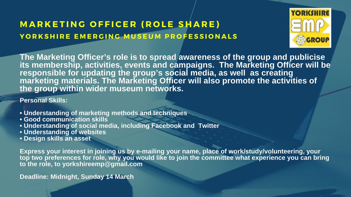 We need you!

Yes, you! We see you lurking here on Twitter, we know you have them sweet sweet marketing skills... why not put them to good use and join our merry band of crusading emerging museum professionals? 

If this sounds up your street, e-mail us now yorkshireemp@gmail.com
