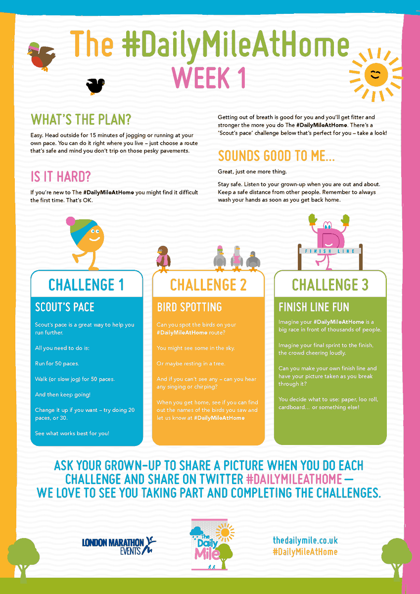 We are excited to re-launch the #DailyMileAtHome in partnership with 
<a href="/LondonMarathon/">TCS London Marathon</a>
. 

Each week, we will be sharing 3 new challenges for children to complete to keep happy and health. 🏃‍♀️🏃

Get started with Week 1️⃣ and don't forget to tag us in your photos! 📸