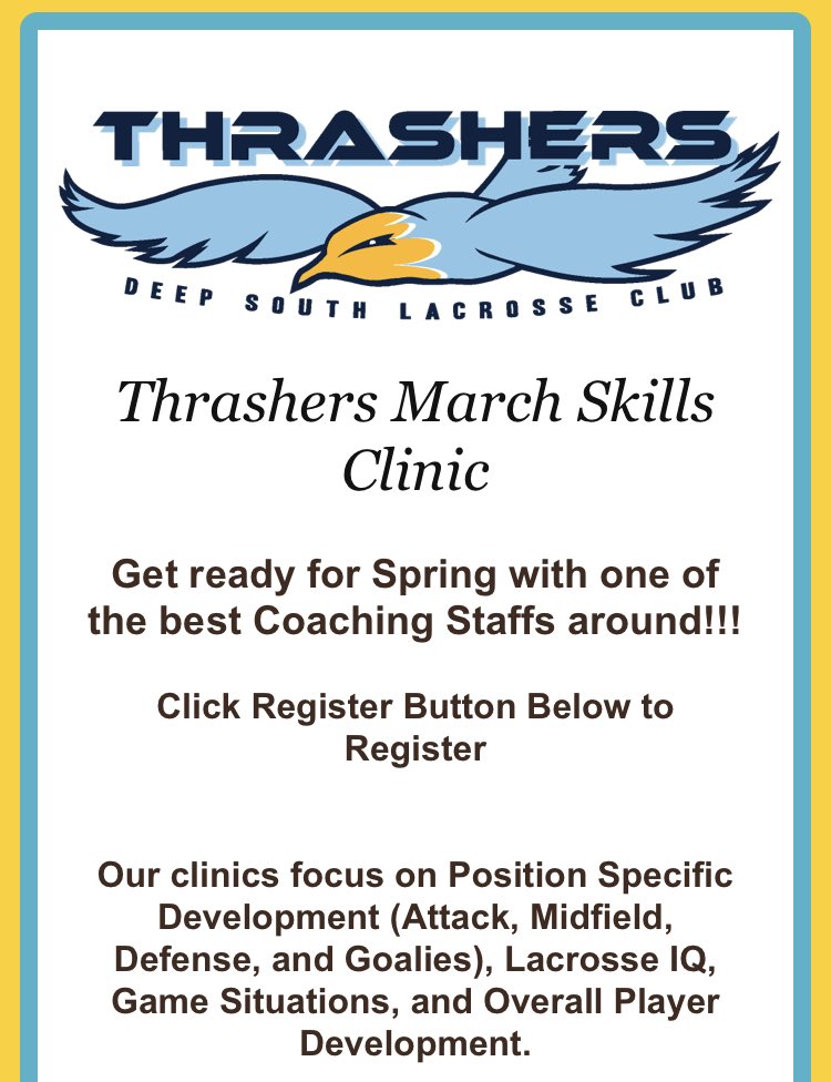 MARCH CLINIC!!!!
Sunday March 7, 2021- 2-4pm EST
Franklin Gateway Park- Marietta, GA
$10 for current Thrashers players
$50 for NON-current Thrashers 
Register at 🔗 in our bio