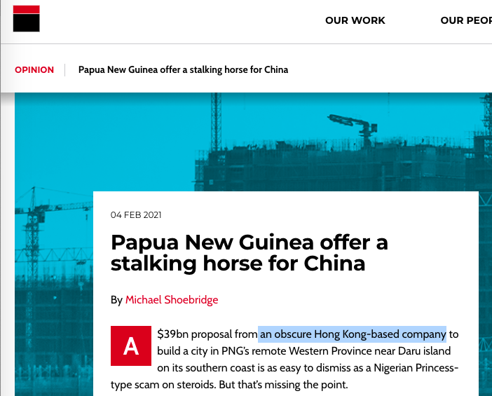 It's simply not public knowledge that the HK company is a representative of Beijing/China govt/Belt and Road. And the $39 bln proposal is on its surface wild.Don't take it from me, take it from two Aussie experts, including one from  @ASPI_org : even they call it "obscure"16/