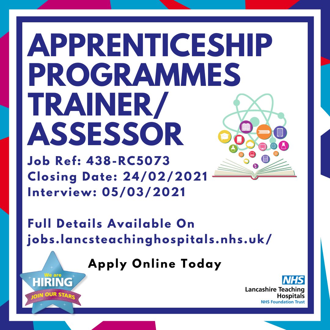 LancsHospJobs's tweet image. Job Vacancy: Apprenticeship Programmes Trainer/assessor Band 5 @LancsHospitals

Closes: 24/02/2021

#NHS #NHSJobs #ApprenticeshipProgramme #Trainer #Assessor #Lancashire

Apply here:
ow.ly/dqdr50DxUtE