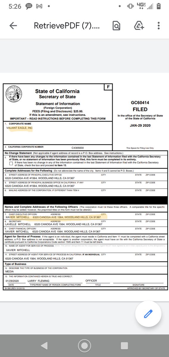 (6/9)When reviewing Immediate Properties on California's Secretary of State website, I found that Xavier Mitchell is listed as the CEO.In addition, the registered address for Immediate Properties and Valiant Eagle are both:6320 Canoga Ave.Unit 1564Woodland Hills, CA 91367