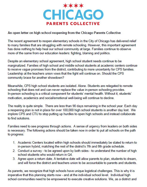 ParentsChicago's tweet image. Lost in all of the fighting these past few weeks have been our high school students. Please share to urge support for in-person learning this academic year