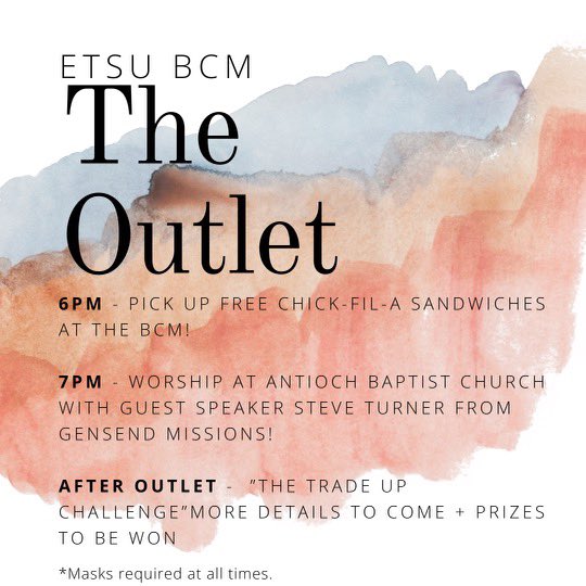 hey guys!!! join us tonight at 6pm for free CFA at the BCM. Then we’re heading over to Antioch for worship at 7pm! Our speaker tonight is Steve Turner from GenSend Missions so tonight is a night you don’t want to miss! After the outlet we are playing the “Trade-Up Challenge” 🎉