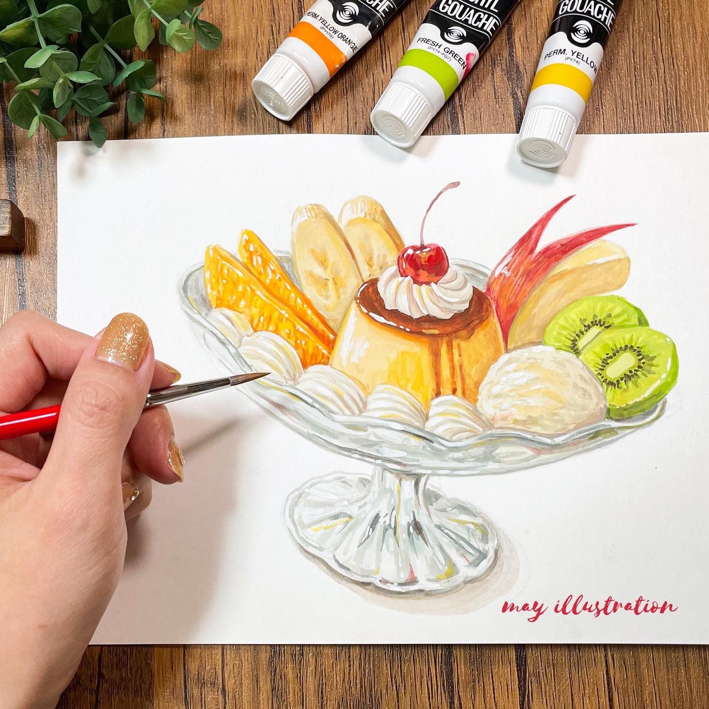 手描きイラスト　ミニ色紙　夏喫茶／プリンアラモード may 🎨メイ✨食べ物イラスト😋 on X: 