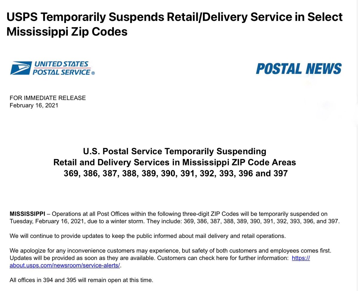 MemphoNewsLady's tweet photo. โNeither snow, nor rain, nor heat or gloom of night stays these couriers from the swift completion of their rounds...โ
JUST IN: @USPS announces mail delivery to multiple Mississippi ZIP Codes is suspended today because of dangerous winter weather.
#mswx #mssnow #mscold #msice https://t.co/7pnjYZ2GDN