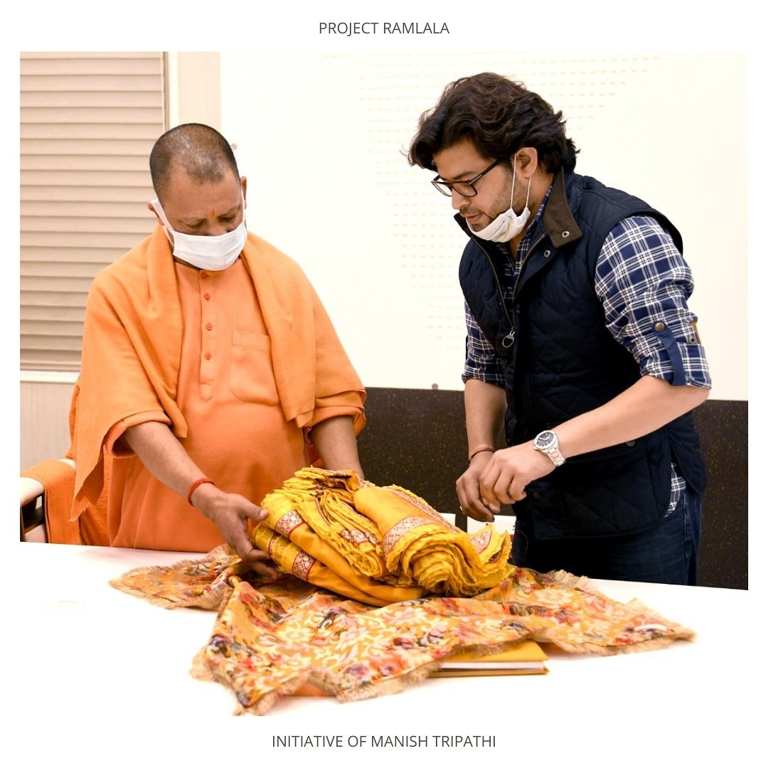 odrafoundation's tweet photo. Chief Minister Yogi Adityanath @myogiadityanath unveiled the Project Ramlala garments at his official residence...
Ramlala got the first set of these clothes-- yellow in color-- today, on the occasion of Basant Panchami.
 
#projectramlala
#shehersegaontak 
#thekhadiproject https://t.co/mFb9WWwWvZ