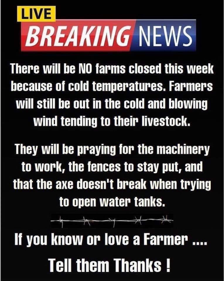 sharp_seed's tweet photo. Not only farmers, but ranchers as well. Cattle must be fed. Work must be done - no matter the temperature outside. 🥶

Thank you farmers. Thank you ranchers. 

Retweet this post to tell a farmer or rancher THANK YOU! 💙 https://t.co/Mhwd09D6i5