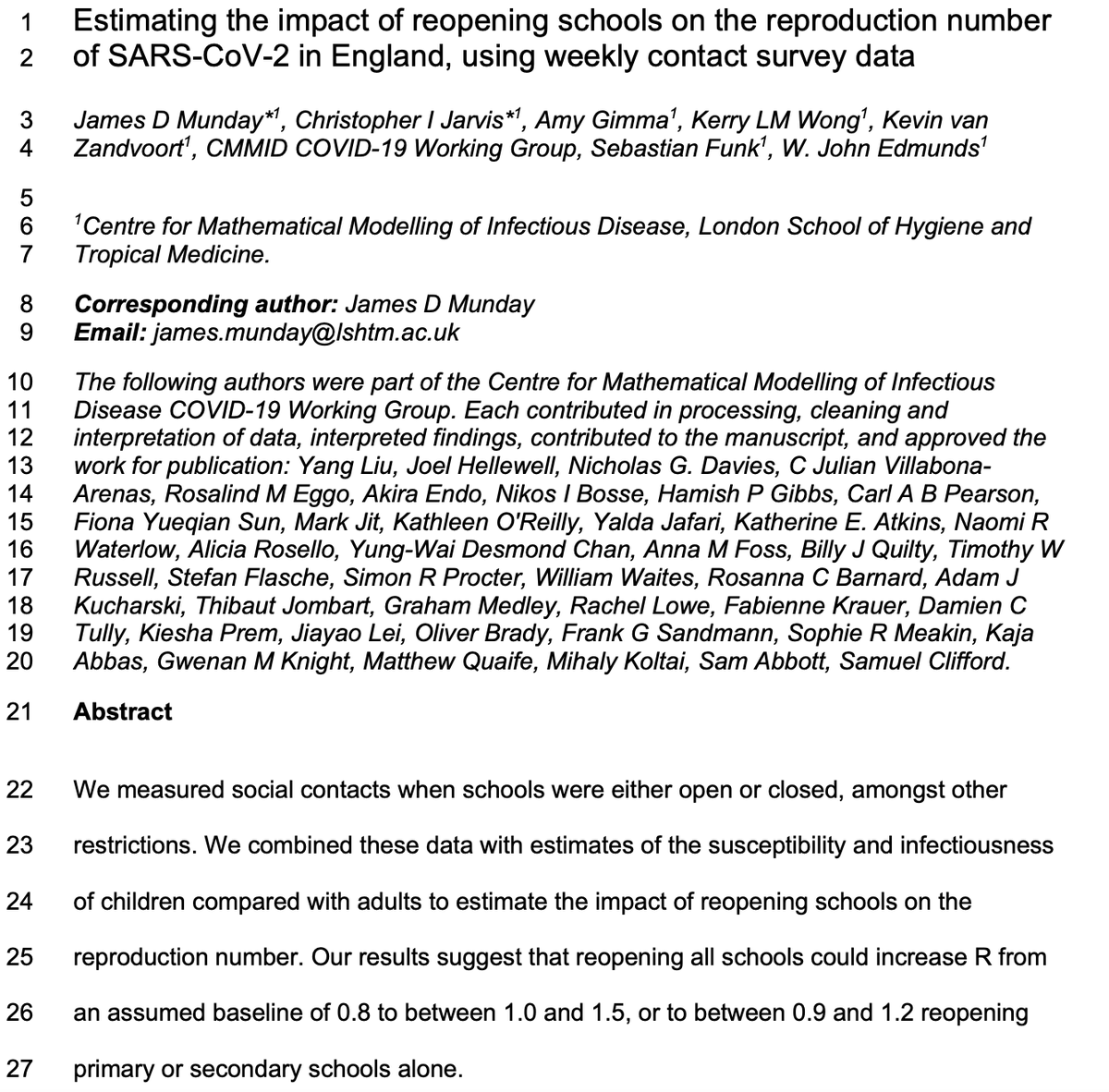 Modelling preprint from LSHTM published showing that in almost all scenarios, opening schools at this point in England without additional mitigation results in R rising above 1, and exponential rises in cases resuming. Short thread