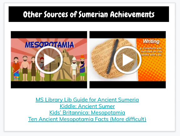 Using more than one source to research Ancient Sumer in Gr 6 #EAL We used accommodated sources and sentence frames for scaffolds where needed to preteach material before Social Studies class.