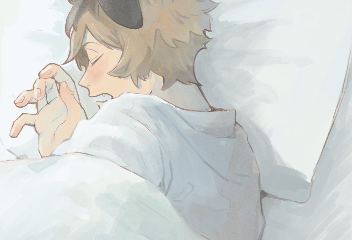1boy male focus animal ears closed eyes pillow open mouth solo  illustration images