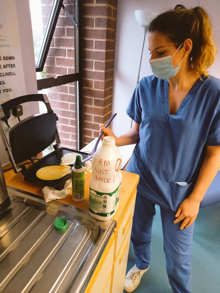 #COVID19 secure pancake day at work . 
We may be in a pandemic but the team still need pancake breaks right? 
( cook your own, hand hygiene, distancing, own cutlery and crockery..)
#teamlecky 
Sorry to the vaccine 💉team who have missed out with the fun at the surgery today 🥞🍋