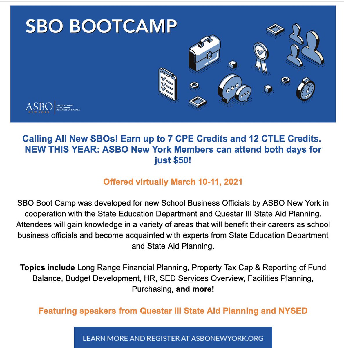 Have you registered for <a href="/ASBONewYork/">ASBO New York</a> SBO Boot Camp? I'm kicking off the workshop with a presentation on Long-Range Financial Planning; a vital tool all districts should use to help navigate the challenges years that may lie ahead. Register here: asbonewyork.org/events/EventDe… <a href="/Forecast5/">Forecast5 Analytics</a>