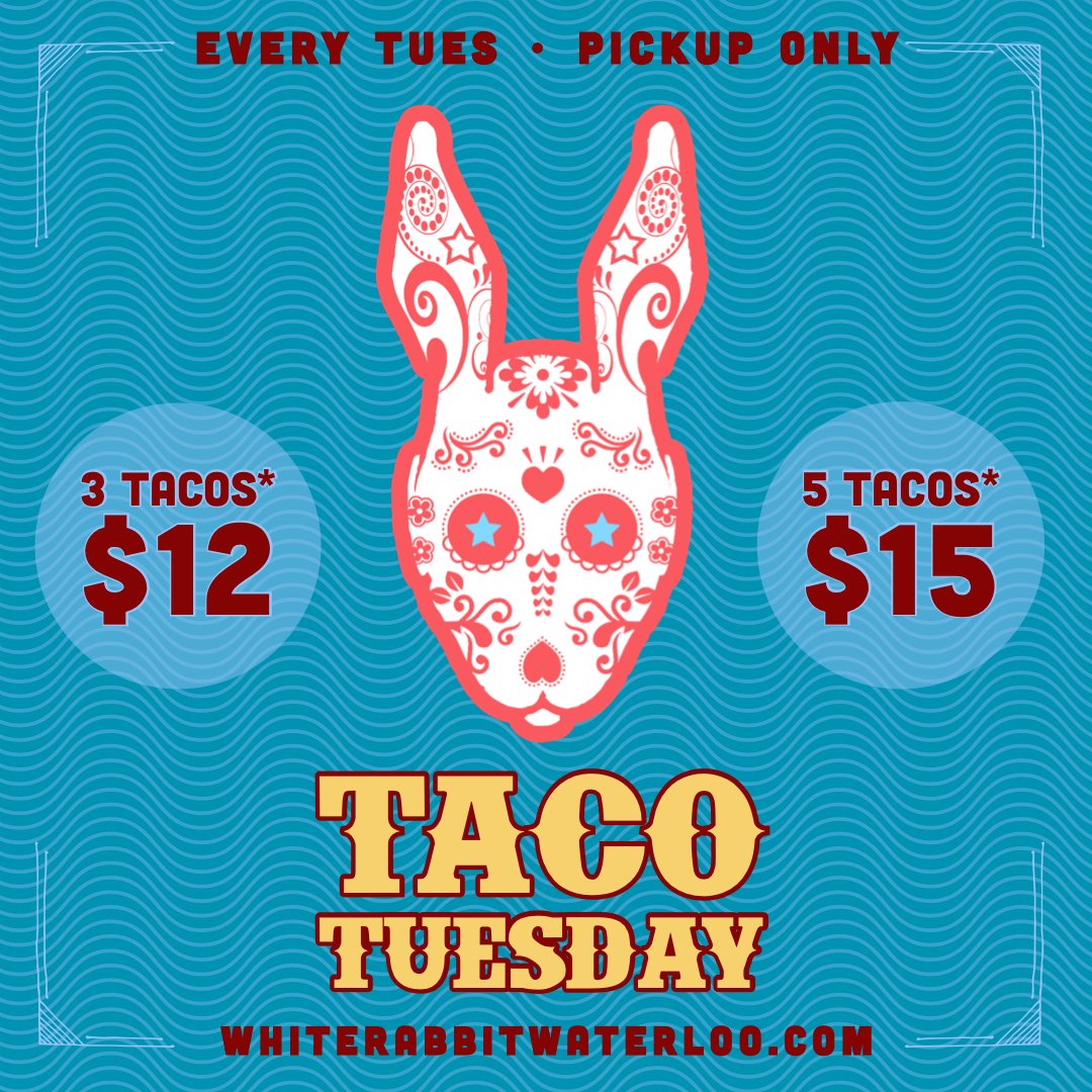 𝗧𝘂𝗲𝘀𝗱𝗮𝘆𝘀  𝗮𝗿𝗲 𝗧𝗔𝗖𝗢 𝗧𝗨𝗘𝗦𝗗𝗔𝗬 𝗮𝘁 𝘁𝗵𝗲 𝗥𝗮𝗯𝗯𝗶𝘁! 
🌮3 tacos + side for $12 🌮5 tacos + side for $15. Deal available only for pickup.
👉 bit.ly/2LwcWPB &gt; Order for Taco Tuesday 
#supportlocal #uptownwaterloo #openfortakeout  #TacoTuesday