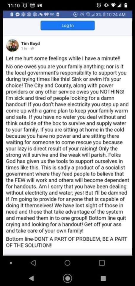 CripCamper2020's tweet photo. This is what happens when you don't research who you vote for for local office. Tim Boyd, mayor of Colorado City, TX, thinks electricity and water, which ppl PAY for are "handouts". From the disability community, many of whom can't even leave their homes,🖕, Tim. https://t.co/Fp0XYHU3M1