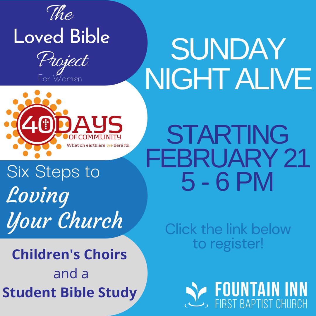 FBCInn's tweet image. We are excited about Sunday Night Alive beginning this Sunday, February 21, from 5-6 PM. Sign up by clicking the link below! See you Sunday! ow.ly/VBXp50DBX0F