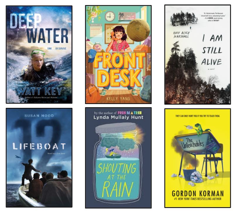 DCMSMediaCenter's tweet photo. Here are the top 6 favorite 2021 SC Junior Book Award Nominees from the Creek! @DutchmanCreekMS @RHSD_LMS @SCASLNet Watt Key @kellyyanghk @kmarshallarts @sHood125 @LynMullalyHunt @gordonkorman #DeepWater #FrontDesk #IAmStillAlive #Lifeboat12 #ShoutingAtTheRain #TheUnteachables https://t.co/cmqdNVwgD6