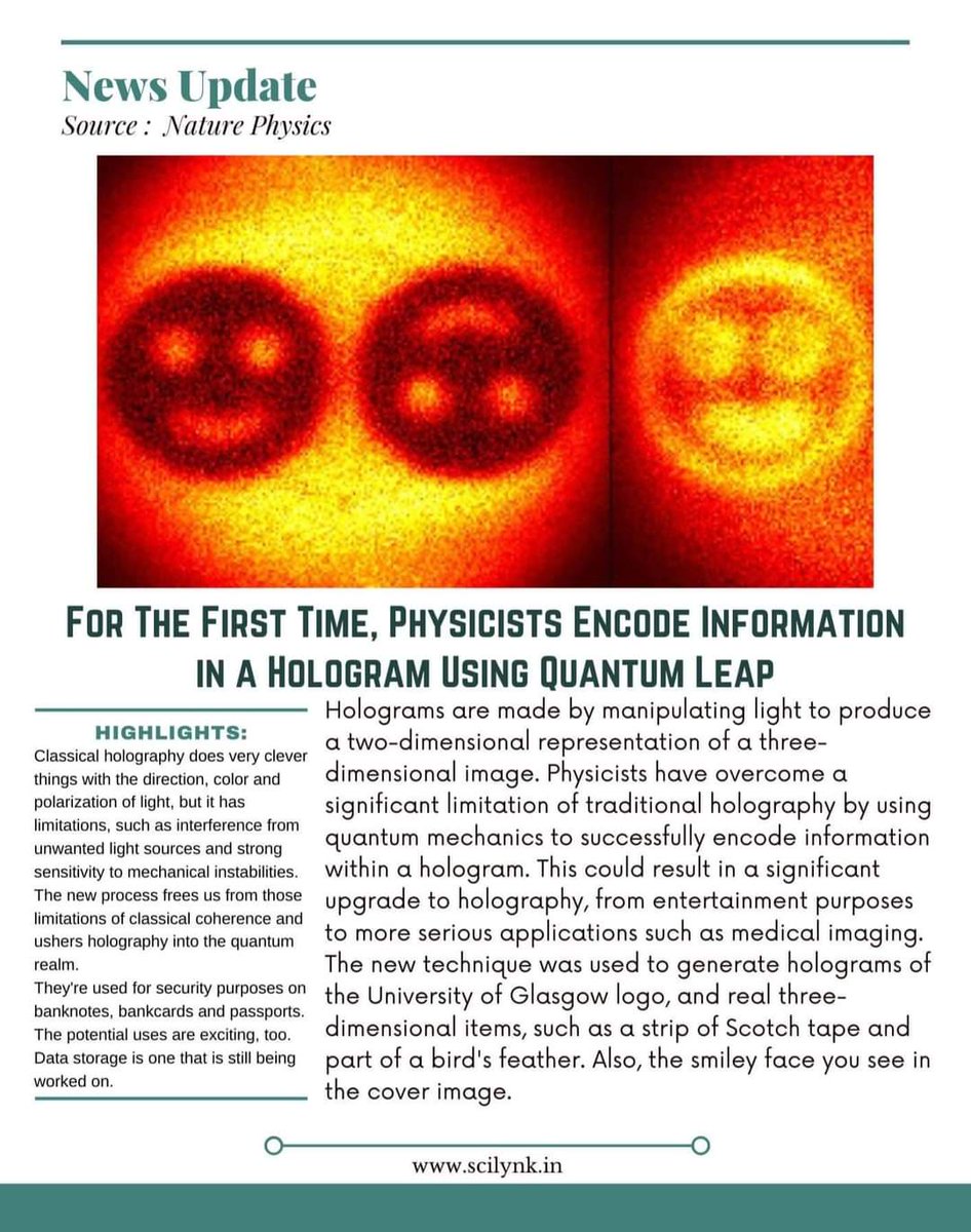 SciLynk's tweet image. The current holograms are mainly classical &amp;amp; pose some rather difficult problems. Scientists have now managed to approach this quantum mechanically
#SciLynk
#curiously_exploring_science
#science #sciencenews #news #newsupdate #update #nasa #space #medical #3d #2d #artwork @nature