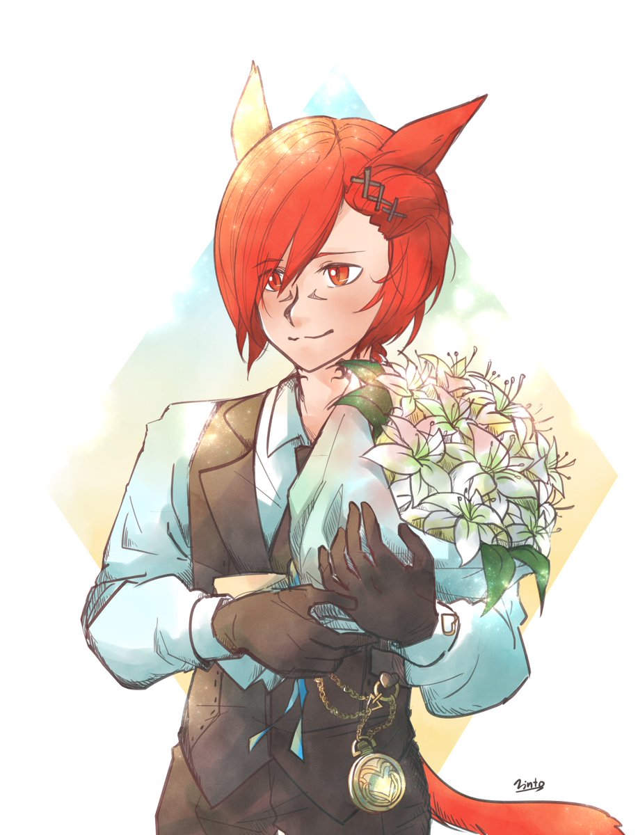 Happy Va-late-tine😂 G'raha with lilly, why lilly? because the meaning and he is white mage😳 idk he got from or will give to 🕺 #FFXIV #FFXIVART #miqote #grahatia #valentinesday2021