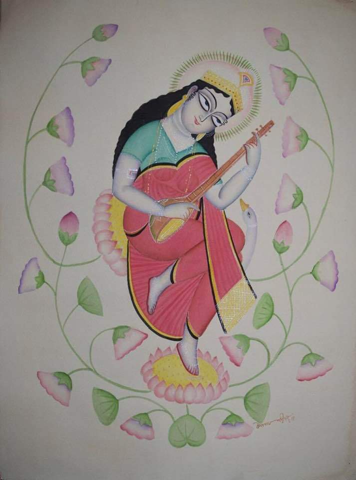 Saraswati surrounded by lotus flowers 
Watercolour on paper
Kalam Patua, 2010s
#Bengal #BasantPanchami #SaraswatiPujo