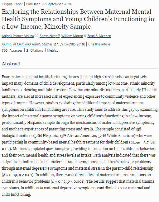 commTHRIVESlab's tweet photo. Mothers' #mentalhealth is so important - for their own wellbeing, as well as that of other family members. Check out this important article by @APalmerMolina and colleagues on how maternal mental health relates to children's functioning. #supportmamas #supportfamilies https://t.co/3bBk16bxGV