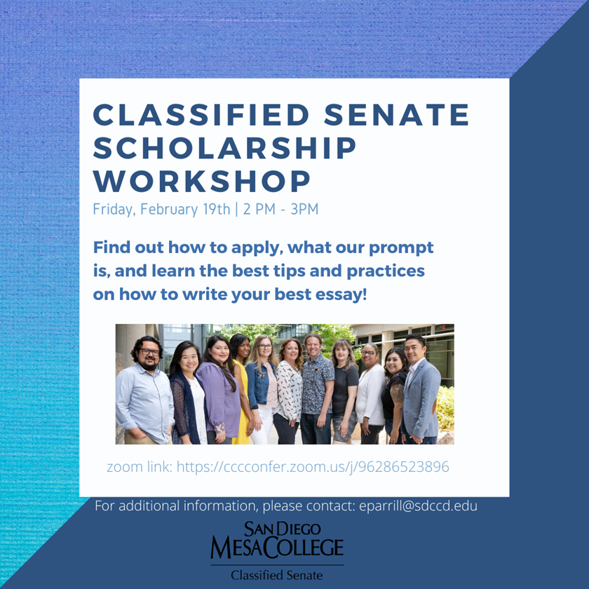 Want to learn more about the Classified Senate Joyce Skaryak Scholarship? Join our Scholarship Workshop: Friday February 19th, at 2:00 pm!

Zoom: cccconfer.zoom.us/j/96286523896
