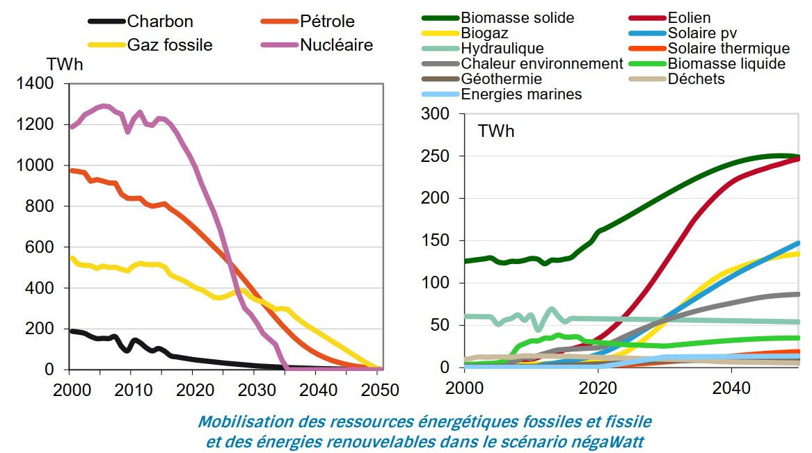 Au final, l’essentiel de l’énergie du scénario NégaWatt sera fourni par la biomasse solide (bois, paille,…), le biogaz, l’éolien et le solaire.