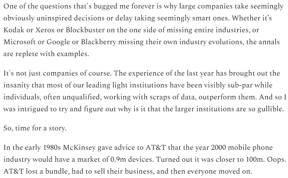 randfish's tweet photo. I was skeptical going in, but this piece on "Why Big Businesses Suck at Innovation" (and why they keep hiring the McKinseys, Bains, &amp; BCGs of the world) is a damn good read.

https://t.co/gNs0vrQmYz

I learned a lot about a world I thought I mostly understood. https://t.co/PvzIVmYH1J