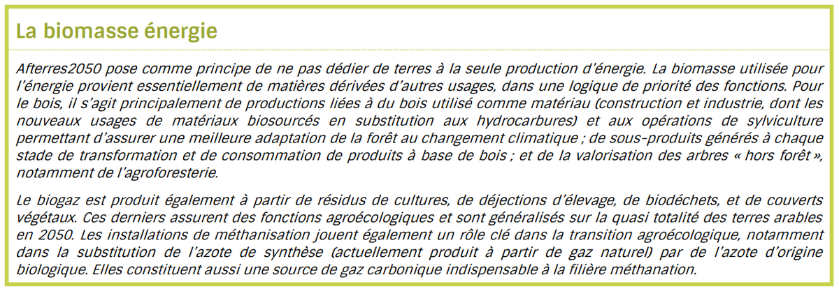 La forte augmentation de la biomasse énergie est toujours source d’inquiétude pour la biodiversité. Pour y remédier, NégaWatt couple son scénario à celui d’Afterres 2050 et base son bois/biogaz essentiellement sur des résidus d’autres usages.