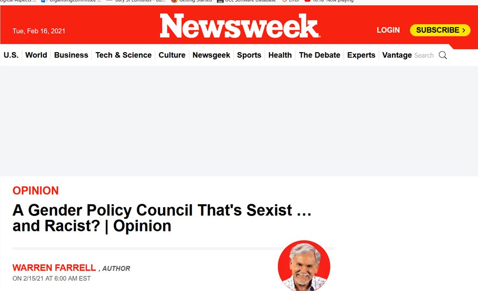 MalePsychology's tweet photo. 'A Gender Policy Council That's Sexist … and Racist?'. See Warren Farrell's opinion piece about Joe Biden's policy, which is patchy to say the least. @Newsweek #gammabias
https://t.co/fLnyiOeDbv https://t.co/zko4jBtBVf