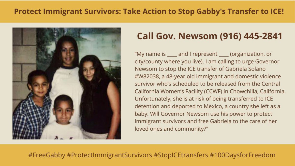 Gabby Solano is an immigrant DV survivor who could be reunited with her loved ones after 20 years of incarceration. Sign petition to urge @GavinNewsom to intervene and stop her transfer to ICE! bit.ly/FreeGabby #FreeGabby #ProtectImmigrantSurvivors #StopICEtransfers