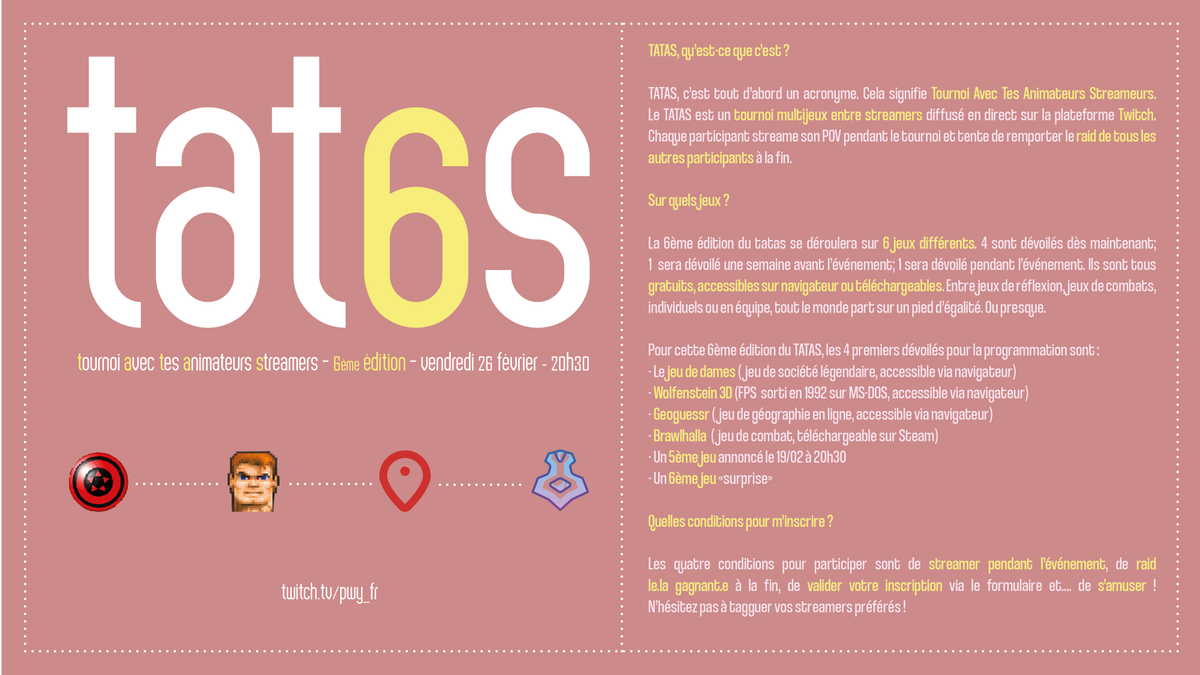 Si vous êtes streamer/euse, il ne vous reste que jusqu'à vendredi pour valider votre inscriptions au #TATAS6 ! #tournoi #streamer #twitchfr <a href="/PetitsStreams/">SoutienPetitsStreams</a> <a href="/Stream_Francais/">Stream Français</a> @RTStreamee