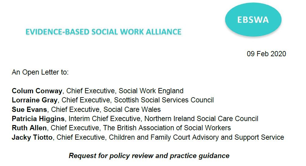 1/ The Evidence-Based Social Work Alliance has written an open letter to the Chief Executives of all four UK social work regulators, CAFCASS and BASW.A request for policy review and practice guidance https://www.ebswa.org/open-letter-from-ebswa-1