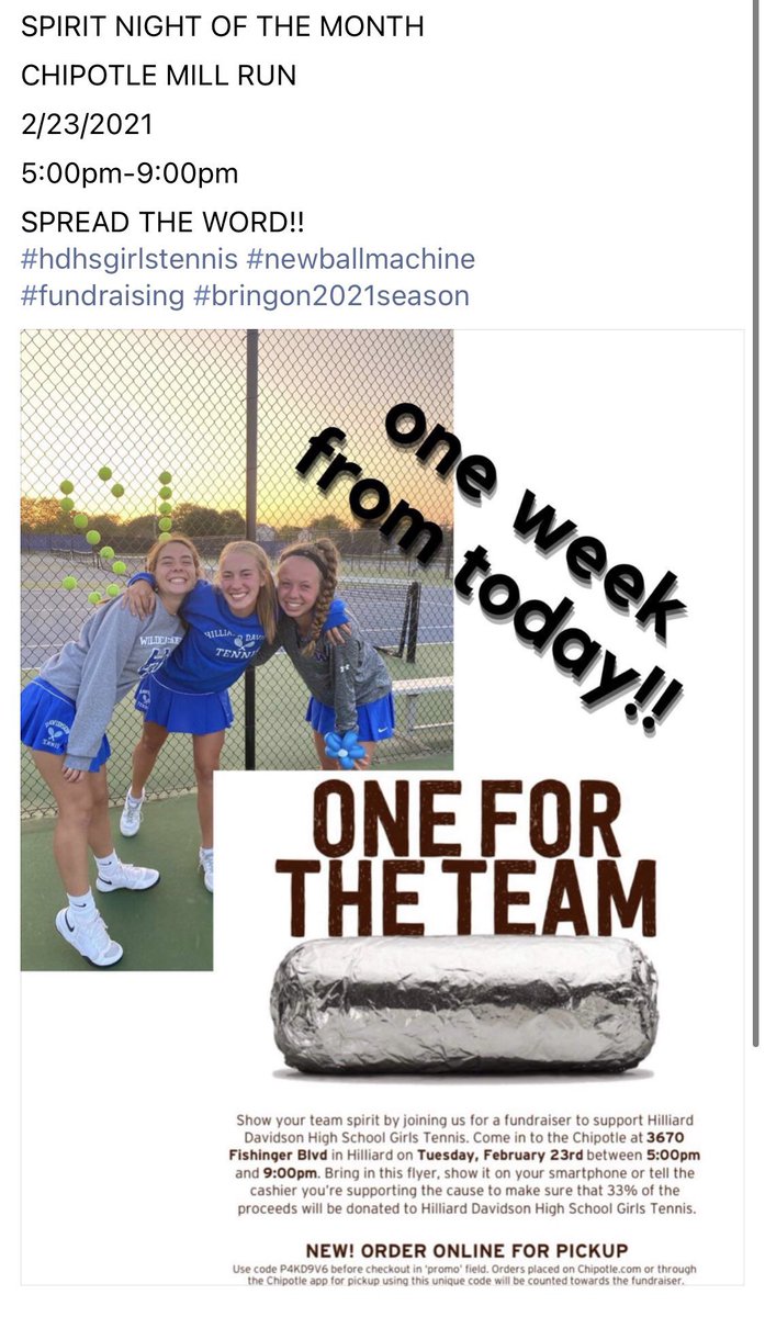 Next Tuesday is our Spirit Night at Chipotle on Mill Run! 
 
Fill your belly while supporting our program next Tuesday from 5:00 PM to 9:00 PM! 
 
Mention the flyer and a portion of the proceeds will come back to benefiting our team!