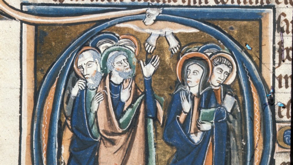 Sometimes it's not clear if the holy feet are coming, going, or just dangling from heaven. (BL, MS Royal 2 B III, f. 64v)