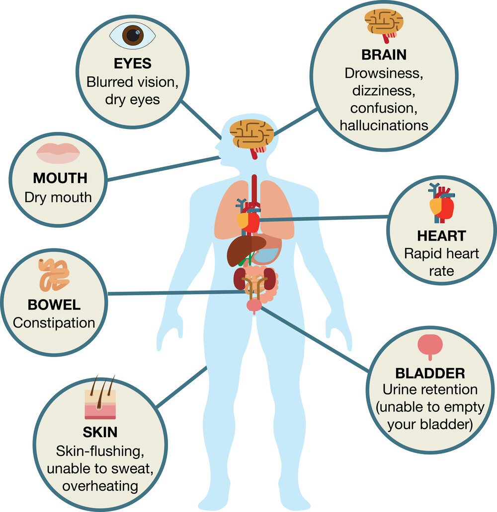 4/ They have many side effects like dry eyes, dry mouth, overheating/inability to sweat, drowsiness/dizziness/confusion, increased heart rate, constipation, AND urinary retention (relaxation of the bladder to fill!).  Some of these side effects are obviously not ideal...