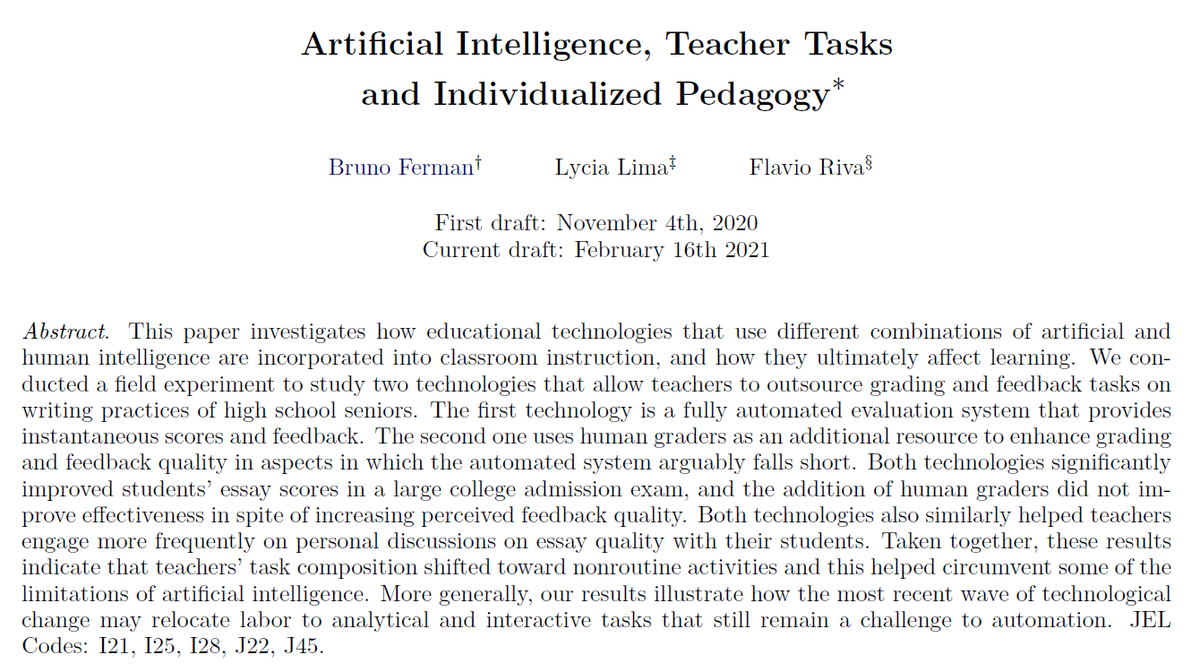 ***** New Working Paper - Artificial Intelligence, Teacher Tasks and Individualized Pedagogy *****@EconTwitterJoint work with  @bruno_ferman and  @Lycia_Lima, hope you find it as interesting as we did!Link to full paper: https://drive.google.com/file/d/1xcY4uSU2rWzGx5R60gU7VcveXZ4RRael/view?usp=sharing