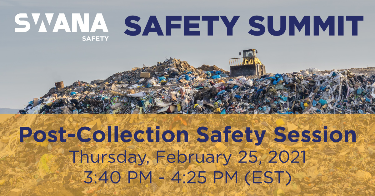 SWANA's tweet photo. Explore common causes of injuries and fatalities at MRFs, landfills, & transfer stations & how to prevent them at SWANA’s Virtual Safety Summit! The Post-Collection Safety Session will cover these topics & more on February 25. Register now at https://t.co/Az86fHv1Vu #SWANASafety https://t.co/AgEwH60S0u