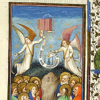 This one looks like Christ got stuck in a cloud, and the angels are trying to help figure out how to get him free.Anyway, that's my very silly thoughts on this weird trope!(Morgan, MS M.87, f. 231r)