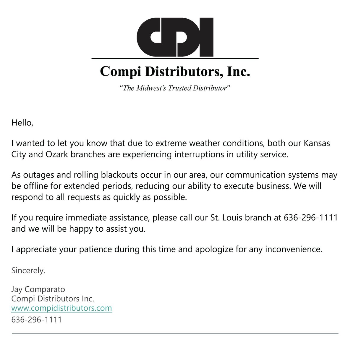 CompiDistInc's tweet image. An update regarding service interruptions in Kansas City & Ozark.