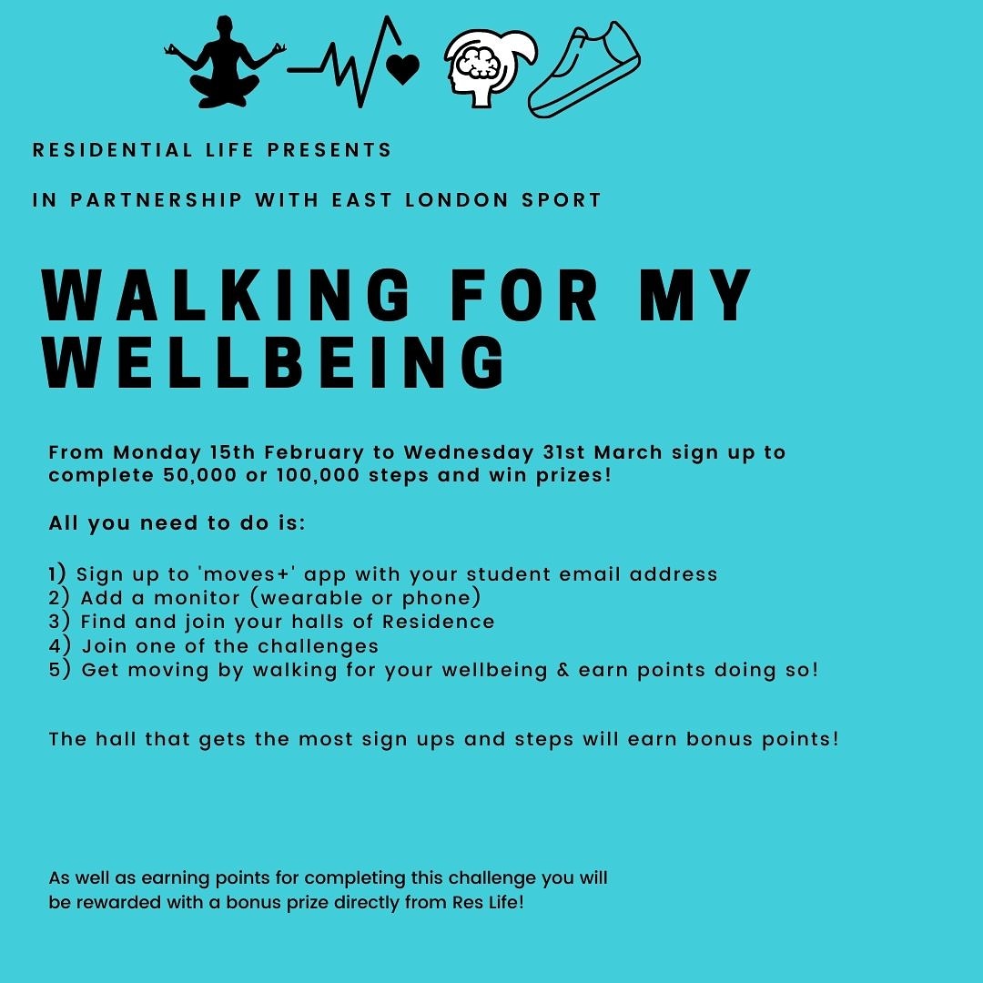 uelhalls's tweet photo. Residential Life in Partnership with @EastLDN_Sport have set up walking challenges!

To enter you need to:⁣
1) Download the Moves+ app
2) Sign up to Moves+⁣
3) Join your hall of residence which can be found in Groups > Public Groups⁣
4) Sign yourself up to a challenge
5) Walk! https://t.co/qGNWHuqB0V