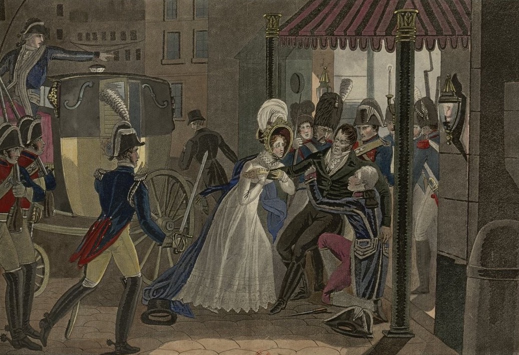 4/ While there, at an intermission, the Duchesse de Berry said she was tired & wanted to go home. The Duc, escorted her back to her carriage, then turned to go back inside for the rest of the show (and a meeting with his mistress).Then a man leapt out of the fog with a knife.