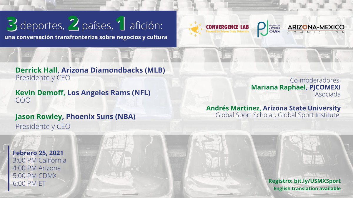El 25 de febrero a las 5pm MX, te invitamos a un #ConvergenceLab con <a href="/PJCOMEXI/">Jóvenes COMEXI</a> y <a href="/AzMxCom/">Arizona-Mexico Commission</a> sobre la estrategia, el valor y el futuro del deporte transfronterizo. Conversaremos con representantes de <a href="/LosDbacks/">Arizona Diamondbacks</a>, <a href="/Suns/">Phoenix Suns</a> y <a href="/VamosRams/">Rams en Español</a>.  🏀⚾️🏈

Registro: bit.ly/USMXSport