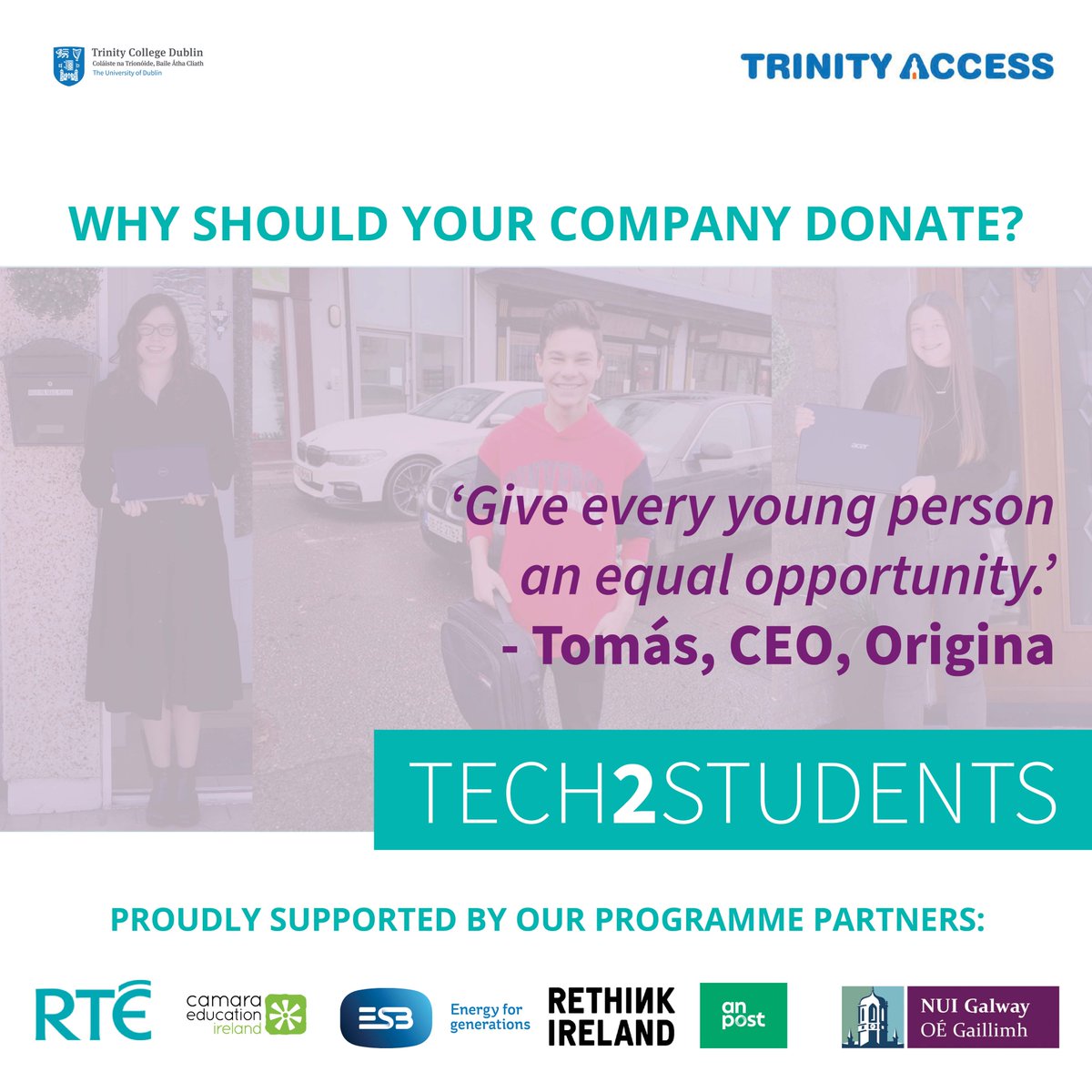 Thanks to all your support #Tech2Students has received over 1,300 device donations, please help us get to 5,000!

Donate at Techspace.ie

Email Tech2Students@ta21.ie

#NoStudentLeftOffline #DigitalDivide #DonateaDevice #ChangeaLife